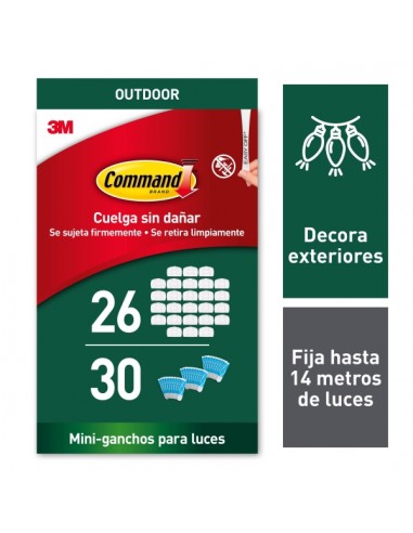Command Pack de 26 Ganchos para Luces - Sujeccion de Clip - 30 Tiras Adhesivas - Color Blanco