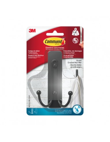 Command Gancho Doble Grande para Aseo - Resistente al Agua - 1 Tira Adhesiva - Soporta hasta 1.8kg - Color Negro Mate