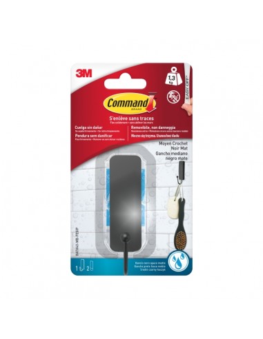 Command Gancho Medianos para Aseo - 2 Tiras Adhesivas - Resistente al Agua - Soporta hasta 1.3kg - Color Negro Mate