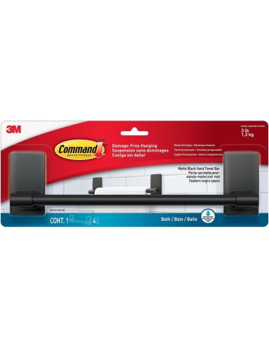 Command Toallero para Aseo - Soporta hasta 1.3kg - Incluye 4 Tiras Adhesivas - Resistente al Agua y Oxido - Color Negro