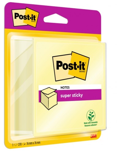 Post-It Super Sticky Cubo de 270 Notas Adhesivas Reposicionables - 76x76mm - 100-PEFC - Color Amarillo Claro