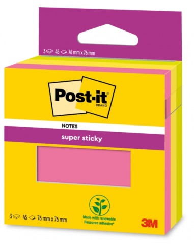 Post-It Super Sticky Pack de 3 Blocs de 45 Notas Adhesivas Reposicionables - 76x76mm - 100-PEFC - Colores Surtidos