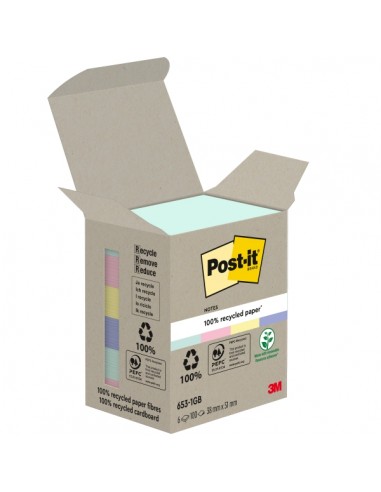 Post-It Pack de 6 Blocs de 100 Notas Adhesivas Recicladas - Forma Rectangular - 51x51mm - Colores Surtidos