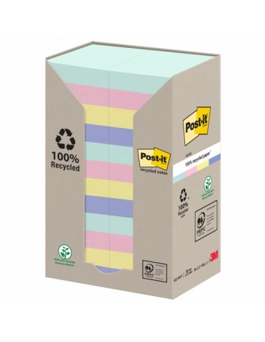Post-It Pack de 24 Blocs de 100 Notas Adhesivas Recicladas - Forma Rectangular - 51x51mm - Colores Surtidos