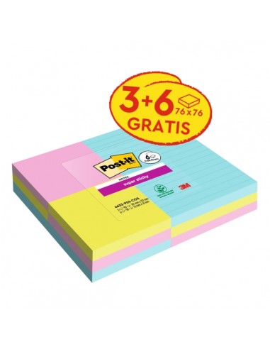 Post-It Super Sticky Pack de 9 Blocs de 90 Notas Adhesivas Reposicionables Coleccion Cosmic - 3 Blocs con Lineas-6 Estandar