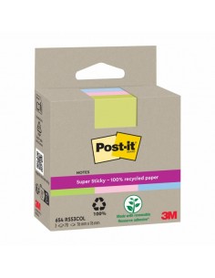 Post-It Super Sticky Pack de 3 Blocs de 70 Notas Adhesivas Recicladas - Forma Cuadrada - 76x76mm - Colores Surtidos