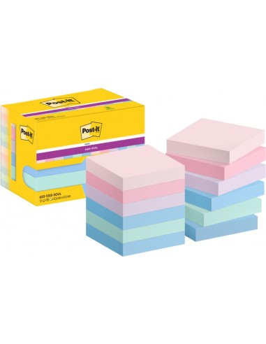 Post-It Super Sticky Pack de 12 Blocs de 90 Notas Adhesivas Reposicionables - Forma Cuadrada - 47.6x47.6mm - Colores Surtidos