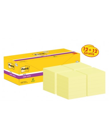 Post-It Super Sticky Pack de 24 Blocs de 90 Notas Adhesivas Reposicionables - 76x76mm - Promocion 12 Blocs-12 Gratis -