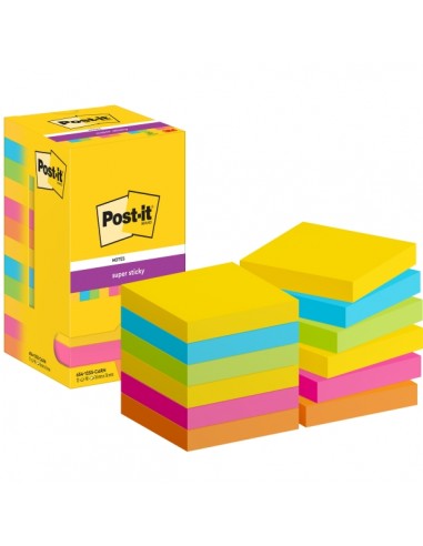 Post-It Super Sticky Pack de 12 Blocs de 90 Notas Adhesivas Reposicionables - Forma Cuadrada - 76x76mm - Colores Surtidos