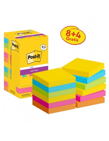 Post-It Super Sticky Pack de 12 Blocs de 90 Notas Adhesivas Reposicionables - Forma Cuadrada - 76x76mm - Colores Surtidos