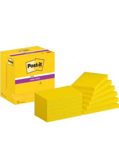Post-It Super Sticky Pack de 12 Blocs de 90 Notas Adhesivas Reposicionables Colores Ultra - 76x127mm - Color Amarillo