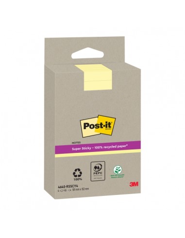 Post-It Super Sticky Pack de 4 Blocs de 45 Notas Adhesivas Recicladas - Forma Rectangular - 102x152mm - Color Amarillo Claro
