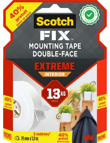Scotch-Fix Cinta de Montaje para Interior Extremo de Doble Cara - Promocion 40-Gratis - 19Â mm x 3m - Color Blanco