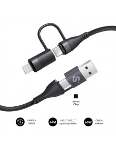 Subblim Cable Top 4 en 1 - USB-A USB-C Lightning - 60W - Nylon Trenzado - Carga Rapida - 1 Metro