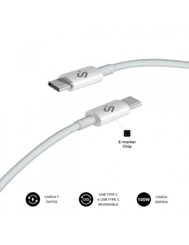 Subblim Cable Plus USB-C - 100W - Nylon Trenzado - 480Mbps - Chip E-Marker - 1 Metro - Color Blanco