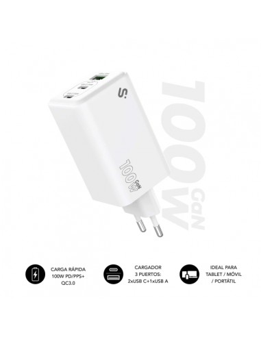 Subblim Cargador de Pared GaN 100W - 3 Puertos (2xUSB-C-1xUSB-A) --Carga ultra rÃ¡pida - Color Blanco