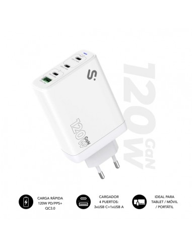 Subblim Cargador de Pared GaN 120W - 4 Puertos (3xUSB-C-1xUSB-A) --Carga ultra rÃ¡pida - Color Blanco