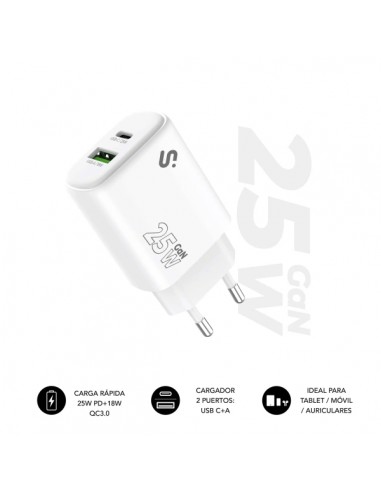 Subblim Cargador de Pared GaN 25W - USB-C-USB-A --Carga rÃ¡pida - Color Blanco
