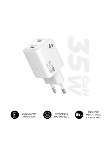 Subblim Cargador de Pared GaN 35W - 2xUSB-C --Carga rÃ¡pida - Color Blanco