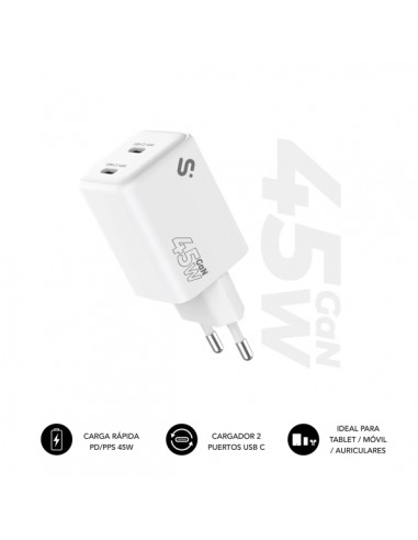 Subblim Cargador de Pared GaN 45W - 2xUSB-C --Carga Ultra rÃ¡pida - Color Blanco