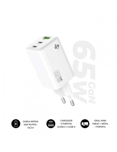 Subblim Cargador de Pared GaN 65W - 3 Puertos (2xUSB-C-1xUSB-A) --Carga ultra rÃ¡pida - Color Blanco