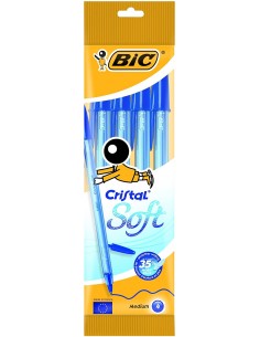 Bic Cristal Soft Pack de 4 Boligrafos de Bola - Punta Media de 1.2mm - Trazo 0.45mm - Escritura mas Fluida - Color Azul