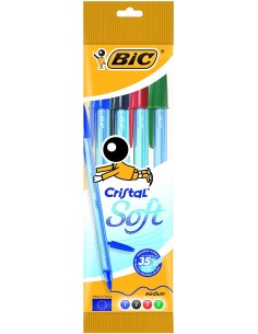 Bic Cristal Soft Pack de 4 Boligrafos de Bola - Punta Media de 1.2mm - Trazo 0.45mm - Escritura mas Fluida - Colores Surtidos