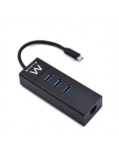 Ewent Hub USB-C 4 en 1 - 3x USB-A - 1x RJ45 - hasta 1000Mbps - Cable de 15cm - Color Negro