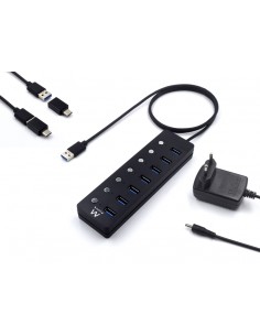 Ewent Hub USB 7 en 1 - Alimentacion Externa - Interruptores Individuales - Incluye Adaptador USB-C - Cable de 1.2m - Color