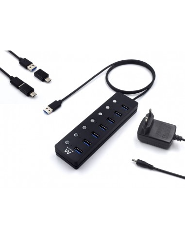 Ewent Hub USB 7 en 1 - Alimentacion Externa - Interruptores Individuales - Incluye Adaptador USB-C - Cable de 1.2m - Color