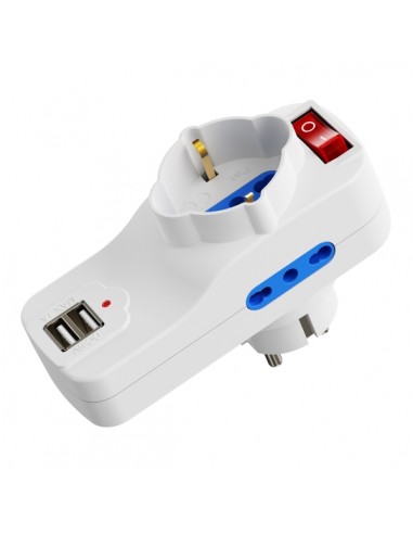 Ewent Regleta de 3 Tomas de Pared - 3x Tomas Italianas Tipo L-Schuko de 10 16A - 2 Tomas L-1 Toma L F (Schuko) - 2x USB-A