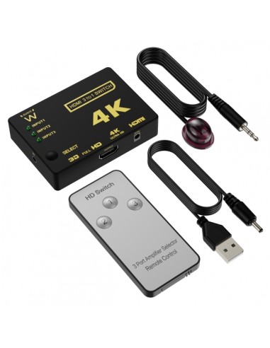 Ewent Switch Conmutador HDMI 3 a 1 - Resolucion 4K - Mando a Distancia - Incluye Cable de Alimentacion e IR - Color Negro