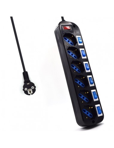 Ewent Regleta de 6 Tomas de Seguridad - 6x Schuko 16A - Proteccion contra Sobretension - Interruptor On Off General e