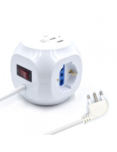 Ewent Regleta con 6 Tomas de Sobremesa en Forma de Cubo - 3 Tomas L F (Schuko) - 2x USB-A - 1x USB-C - Enchufe Italiano Plano