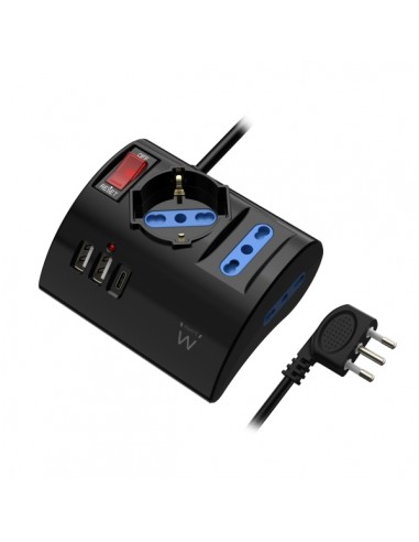 Ewent Regleta con 6 Tomas de Sobremesa - 2 Tomas L-1 Toma L F (Schuko) - 2x USB-A - 1x USB-C - Enchufe Italiano Plano en