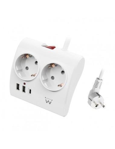 Ewent Regleta de 5 Tomas de Sobremesa - 2x Schuko 16A - 2x USB-A - 1x USB-C - Interruptor On Off - Cable de 1.5m - Color