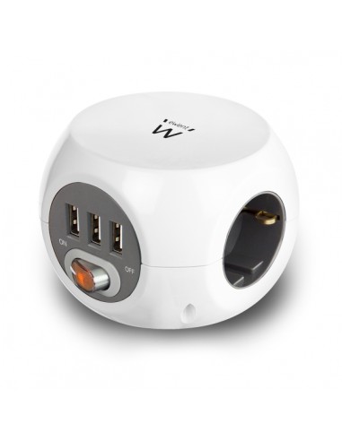 Ewent Regleta con 6 Tomas de Sobremesa - 3x Schuko 16A - 3x USB-A - Interruptor On Off - Cable de 1.5m - Forma de Cubo -