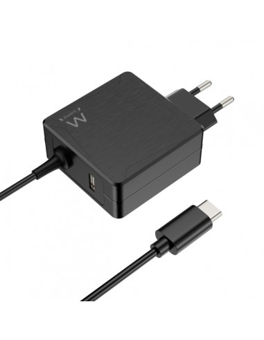 Ewent Cargador de Pared USB-C de 65W - Power Delivery - USB-A Extra - Cable de 1.5m - Proteccion Electrica - Color Negro