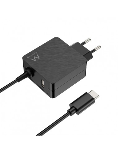Ewent Cargador de Pared USB-C de 45W - Power Delivery - USB-A Extra - Cable de 1.5m - Proteccion Electrica - Color Negro