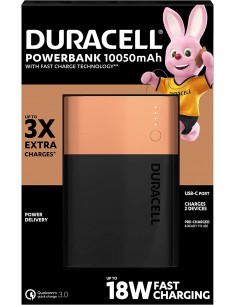 Duracell Bateria Externa Power Bank 10050mAh PD 18W y QC 3.0 - 1x USB-A-1x USB-C - Indicadores Led - 2 Dispositivos