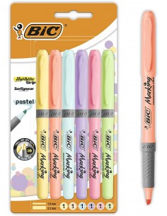 Bic Highlighter Grip Pack de 6 Marcadores Fluorescentes Pastel - Tinta con Base de Agua - Punta Biselada - Trazo entre 1.60 y