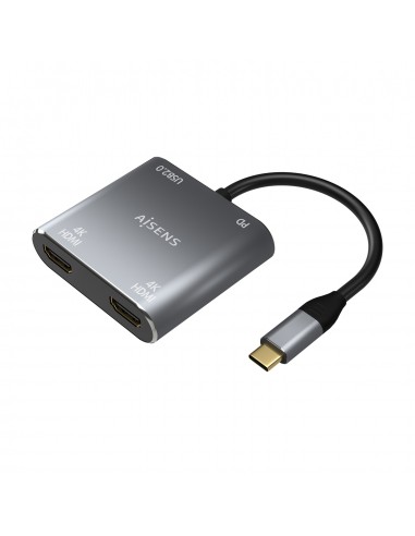 Aisens Conversor USB-C a 2xHDMI 4K SST MST USB2.0 USB-C PD 60W - USB-C M-2xHDMI H-USB-A H-USB-C H - 15CM - Color Gris