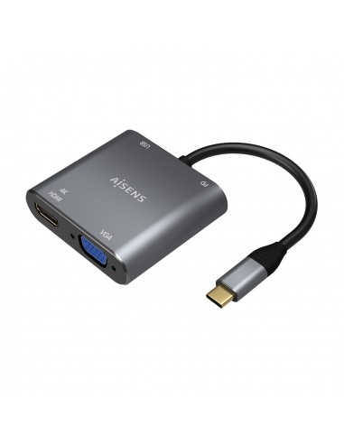 Aisens Conversor USB-C a VGA HDMI 4K USB3.0 USB-C PD - USB-C M-VGA H-HDMI H-USB-A H-USB-C H - 15CM - Color Gris