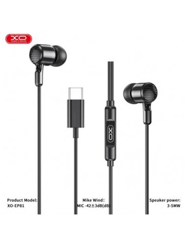 XO EP81 Auriculares Intrauditivos con Microfono - Conexion USB-C - Cable de 1.20m - Color Negro
