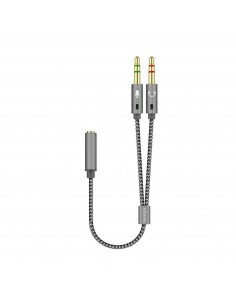 Aisens Cable Adaptador Audio JACK 3.5 4 Pines H-2xJACK 3.5 3 Pines M - 25cm - Color Gris