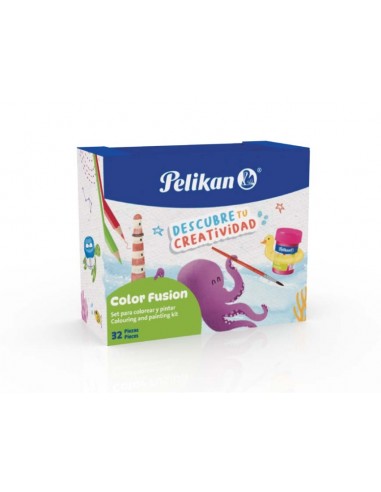 Pelikan Color Fusion Pack con 12 Rotuladores-12 Lapices de Colores-6 Botes de Tempera 25ml-Pincel y Recipiente para Agua