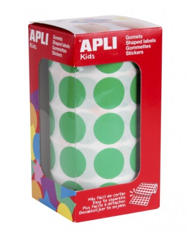 Apli Rollo de 1.770 Gomets Redondos Ã 20mm - Adhesivo Permanente con Base de Agua - Libre de Disolventes - Color Verde