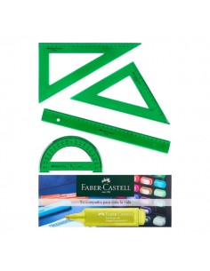 Faber-Castell Pack Escolar de 4 Reglas - Regla Recta - Transportador - Escuadra - Cartabon - Color Verde Tranparente