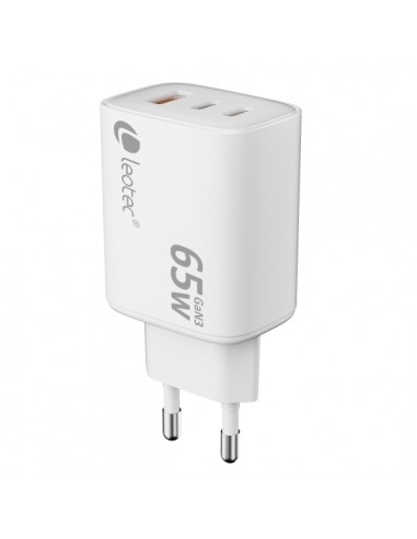Leotec Cargador Universal 65W GAN - Ultra Slim - 2USB-C PD-1USB-A - Color Blanco