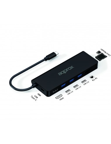 Approx 8 en 1 Hub USB-C con 3x USB-A 3.0 - 1x HDMI - 1x RJ-45 - 1x USB-C PD - Lector microSD y Lector SD - Cable de 18cm